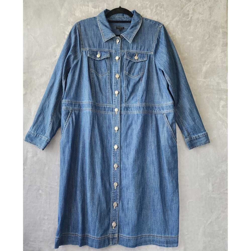Talbots Denim Dress Womens Size 14W Button Front Shirt Pockets Blue Jean Plus